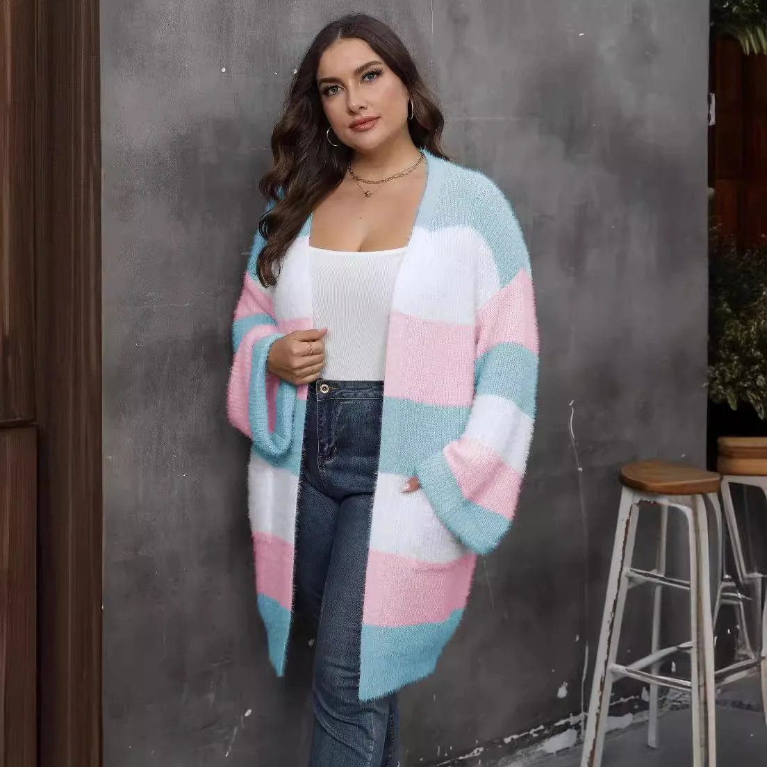 

Plus Size Cardigan Women's Knitted Sweater Check White Gray Oversized Winter Clothing for Women Loose Fashion Autumn