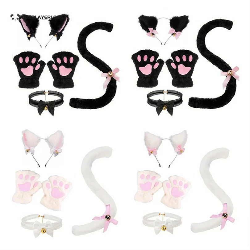 Cute 4Pcs Sets Cat Paw Gloves Winter Cartoon Girl Open Finger Gloves Bell Headband Cat Ear Headwear