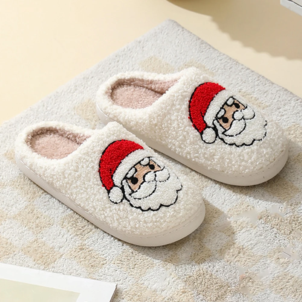 

Santa Claus Fluffy Fur Slippers Soft Plush Closed Toe Slippers Cartoon Plush Slip-on House Shoes Cute Household Supplies