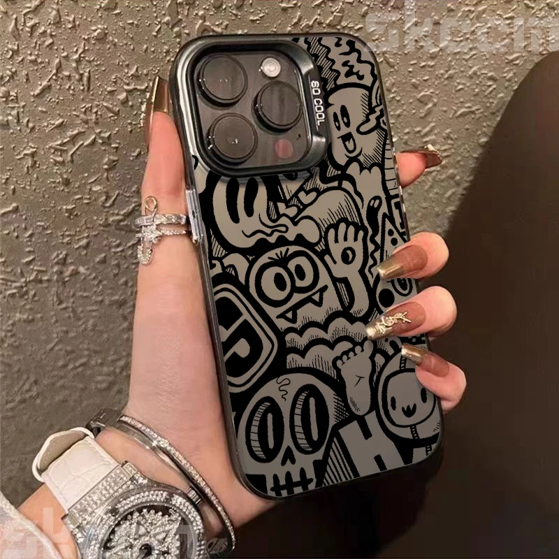 Black Graffiti Electroplate Silver IMD Phone Case For iPhone 16 15 14 13 12 11 Pro Max X XS XR 7 8 Plus 16 Shockproof Cover