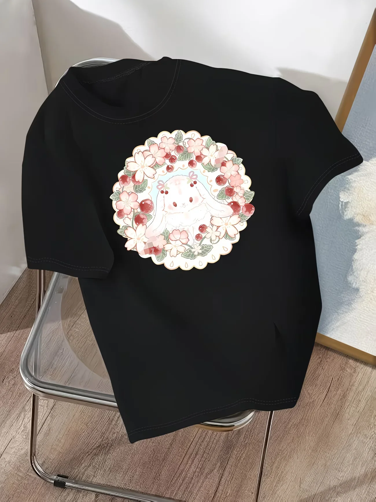 Aesthetic Sakura Bunny Graphic T-Shirt Cute Rabbit & Cherry Blossom Floral Print Summer Fashion Loose Top Gift for Her Black