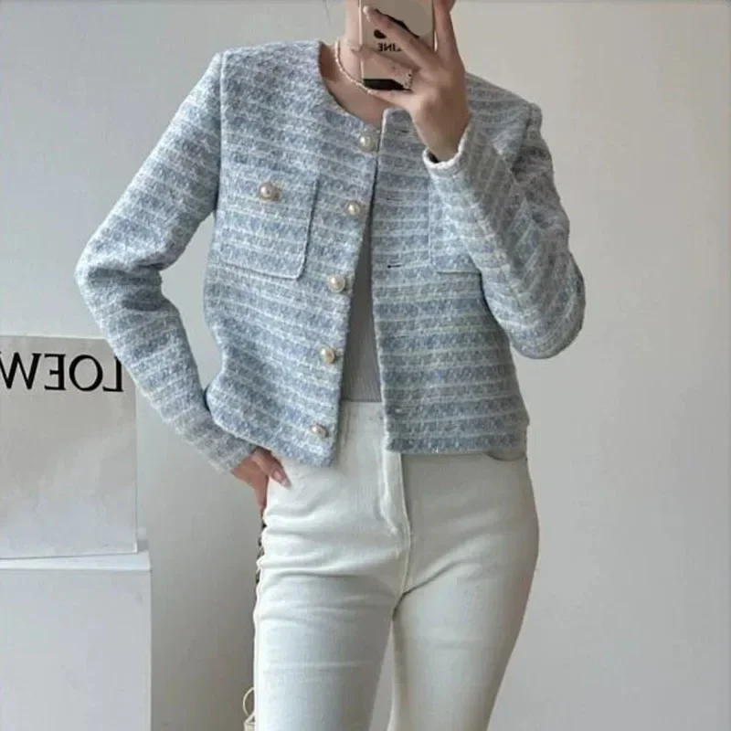 Autumn Winter Women Tweed Coat Korean Fashion Single Breasted Cropped Jacket Woman Elegant Loose Short Outerwear Clothes New