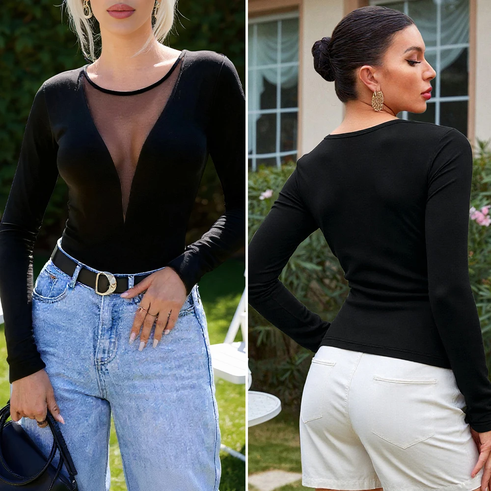 

Womens Black Velvet T-Shirt Autumn Slim Fit See Through Long Sleeve Deep V Neck Mesh Panel Sexy Casual Top