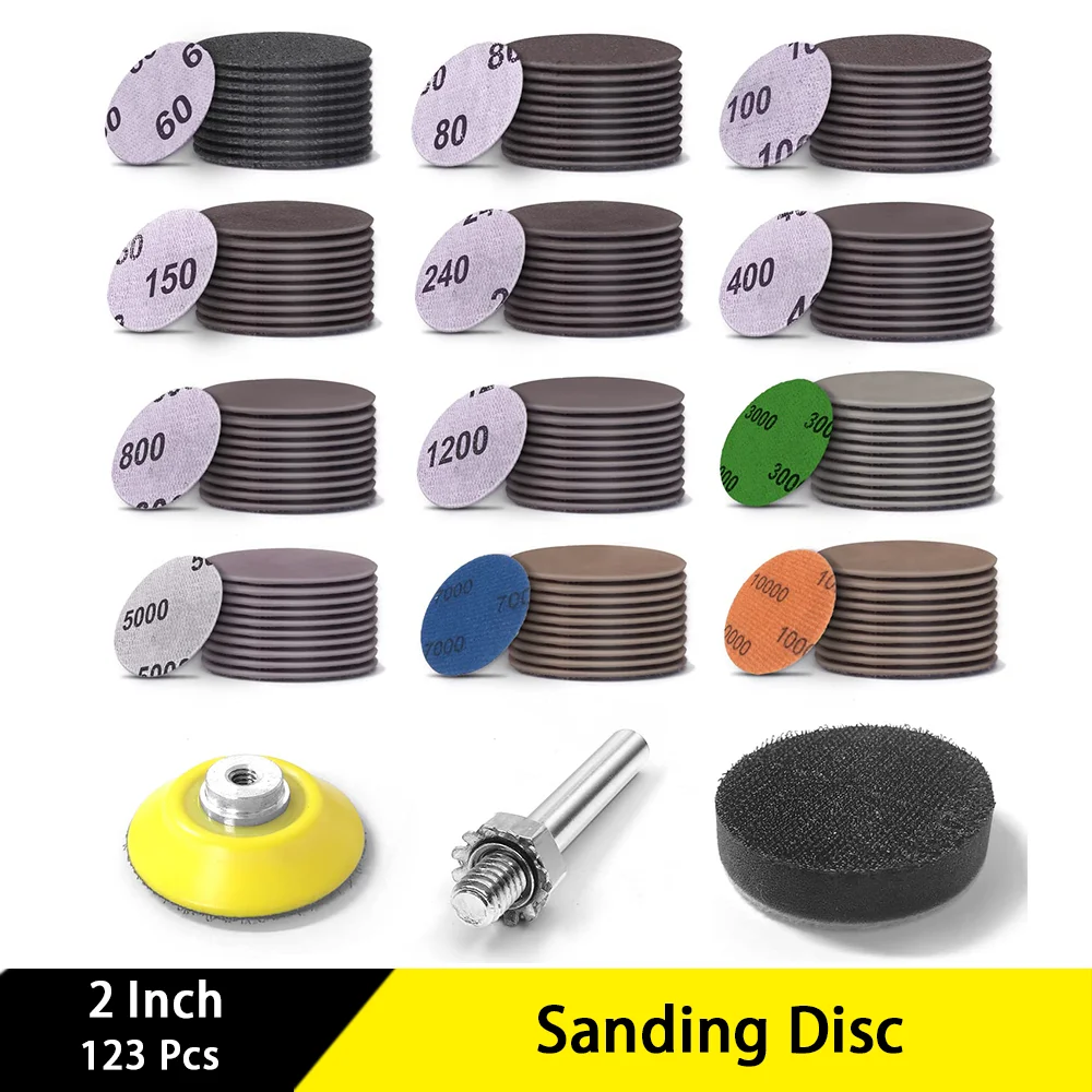 2 Inch Wet and Dry Sandpaper 123 Pcs Sanding Disc with 60-10000 Grits Backer Plate and Foam Buffering Pad for Wood Metal Car