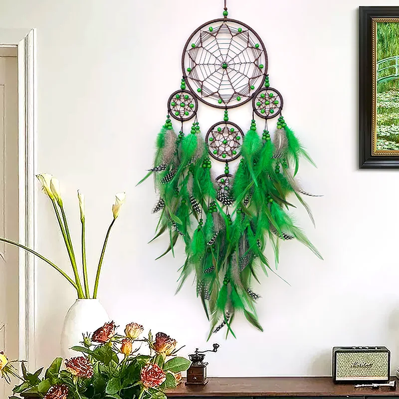 Vintage blauwe veren dromenvanger muur opknoping slaapkamer hangers huisdecoratie handgemaakte windgong voor vakantiegeschenken