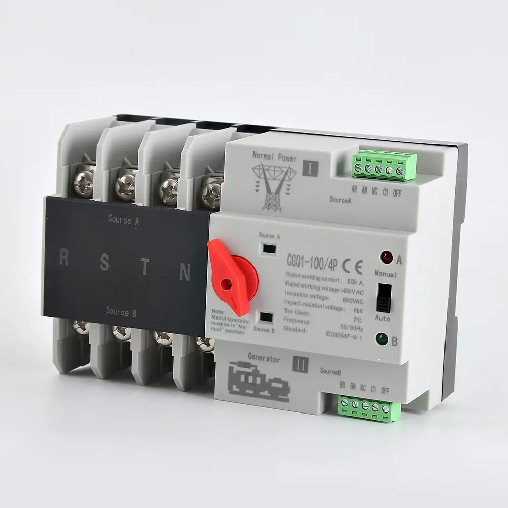 CGQ1 2P 3P 4P ATS Dual Power Automatic Transfer Switch Electrical Selector Switches Uninterrupted Power 63A 100A TOMZN Mini