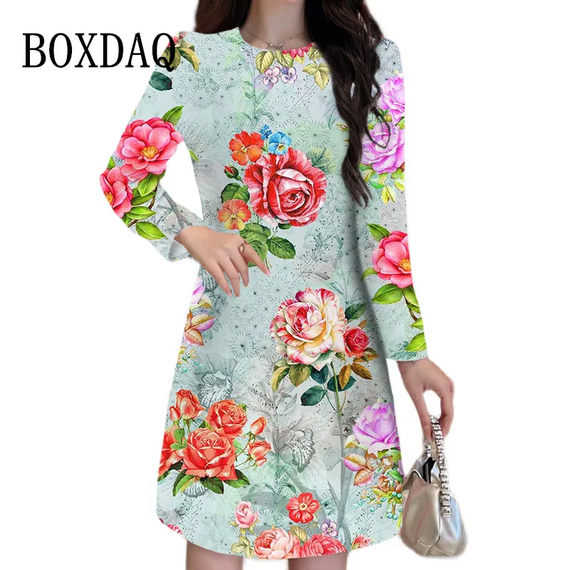 Women Elegant Long Sleeve A-Line Dress Vintage Casual Pullovers Flower Print Loose Dresses Oversized Autumn Female Mini Clothing