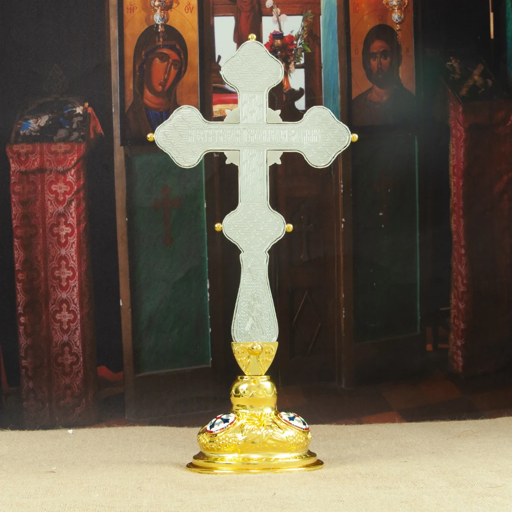 HTISOK Russisch-Orthodoxes Kreuz Jesus-Kruzifix Vergoldete Zinklegierung Kirchenständerkreuz Kirchendekoration Religiöse Rituale – Detail 8