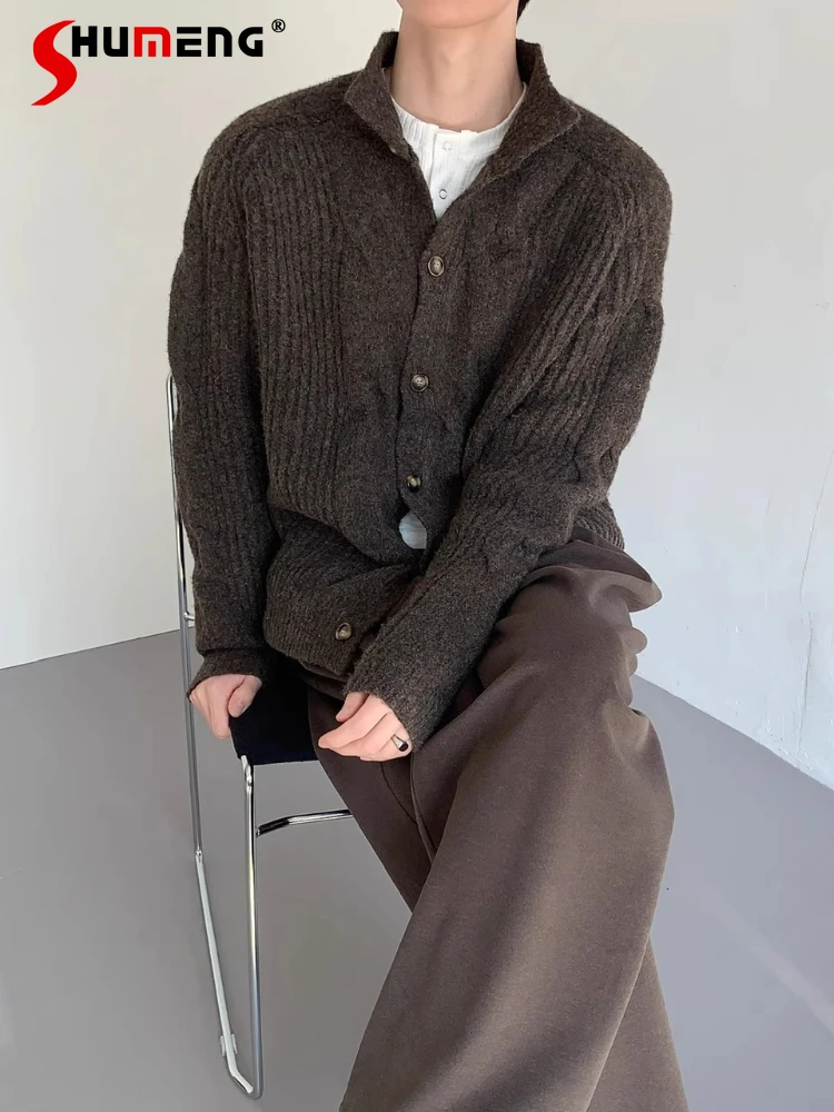 Men's 2025 Winter New Stand Collar Sweaters Men's Retro Button Decoration Cardigan Knitted Jackets Male Solid Color Knitwears