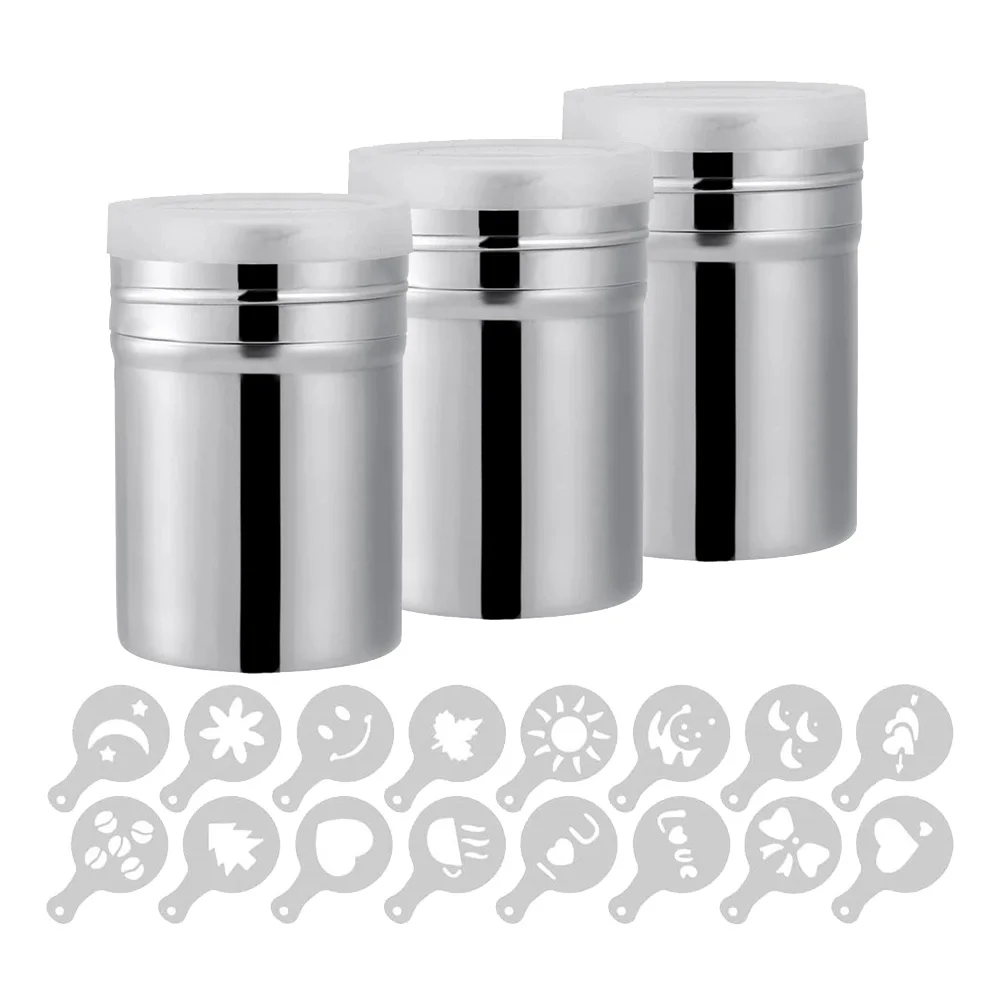 3 Pack Coffee Cocoa Stainless Steel Powder Shaker with Lid,Baking Cooking Home Restaurant with Printing Molds Stencils