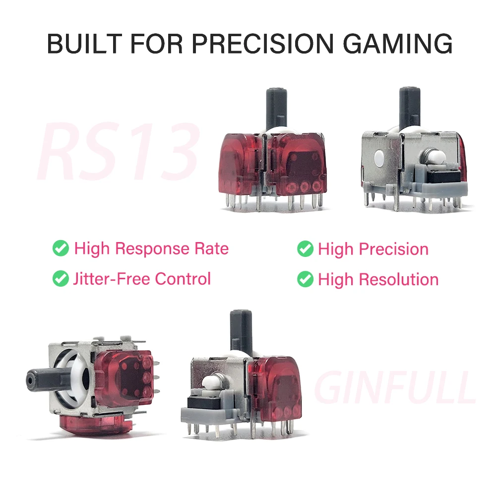GinFull RS13 TMR Joystick Angle 3rd Gen for PS5/Edge w Swappable 8-in-1 Thumbstick High/Low Profile Mushroom Dome Joystick Cap