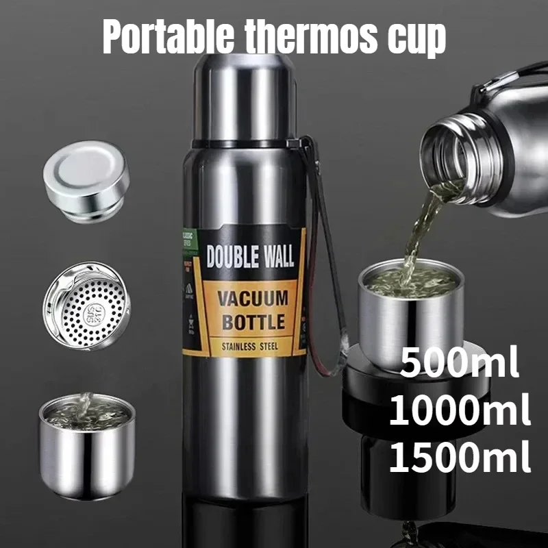 500/1000/1500ml Stainless Steel Thermos Large Capacity Vacuum Flask Portable Insulated Tumbler with Rope Thermo Bottle