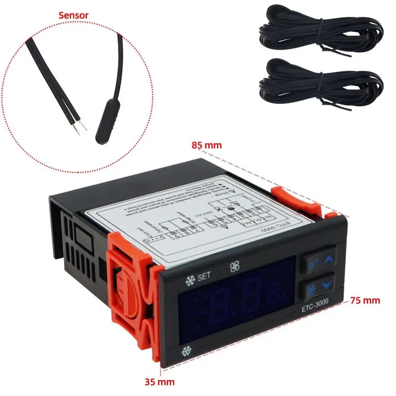 DT17 5X ETC-3000 Mini Temperature Controller, Refrigerator Thermostat Regulator, NTC Dual Sensor 220V, Digital Display for