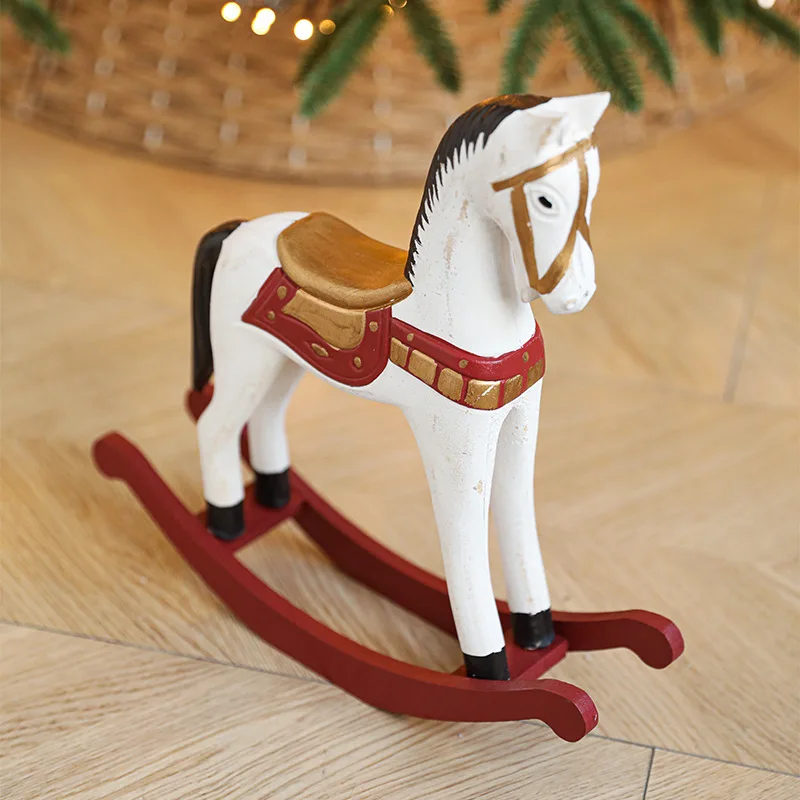 Christmas Decorations Creative Carving Wooden Rocking Horse Retro Wooden Shaking Horse Sculpture Home Table Decor Ornaments Prop