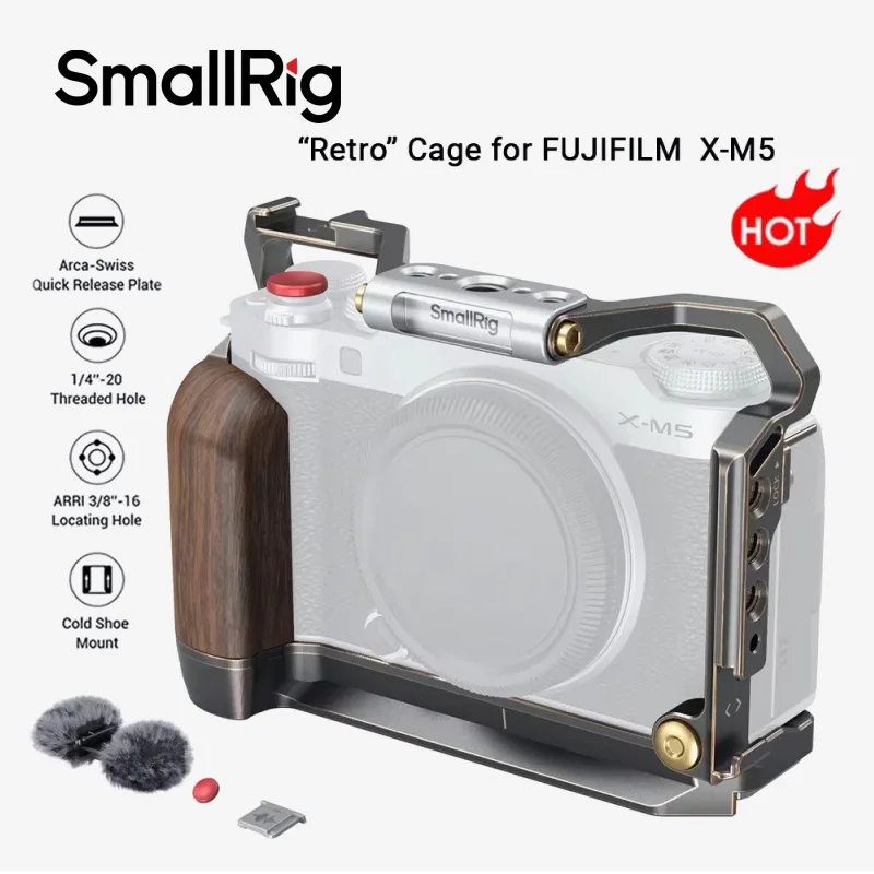 SmallRig X-M5 “Retro” Camera Cage for FUJIFILM  X-M5 with Wooden Handgrip Shutter Release Button Hot Shoe Cover Windshield -4892