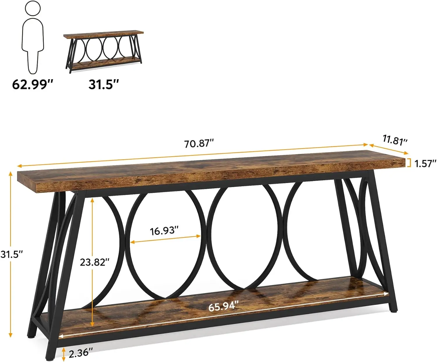 Table console extra longue de 70.9 pouces, table de canapé industriel derrière le canapé avec étagère de rangement à 2 niveaux, table d'appoint étroite pour entrée et couloir