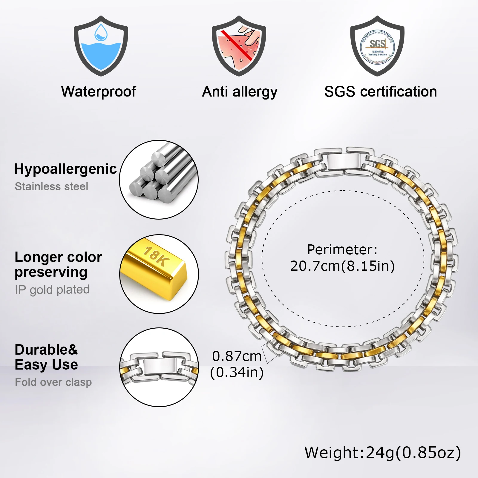 أساور سلسلة حزام أنيقة من Vnox للرجال، بعرض 8.7 ملم وطول 20.7 سم من الفولاذ المقاوم للصدأ، سوار معصم، هدايا مجوهرات عيد الأب