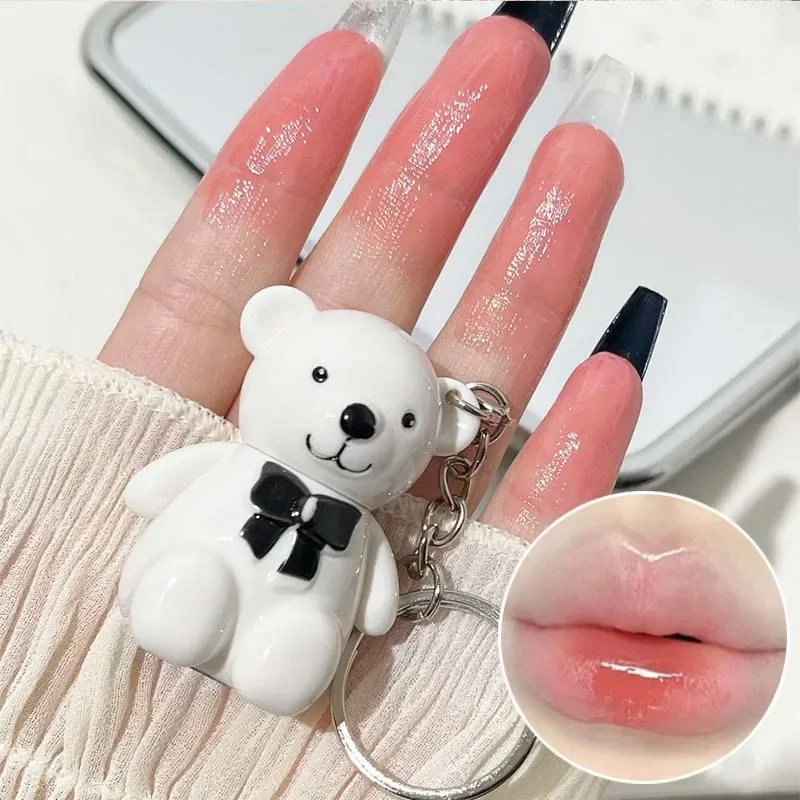 Sleutelhanger Lip Glazuur Schattige Beer Jelly Spiegel Vloeibare Lipstick Waterdichte Non-stick Cup Rood Roze Lipgloss Transparant Getinte Make-up