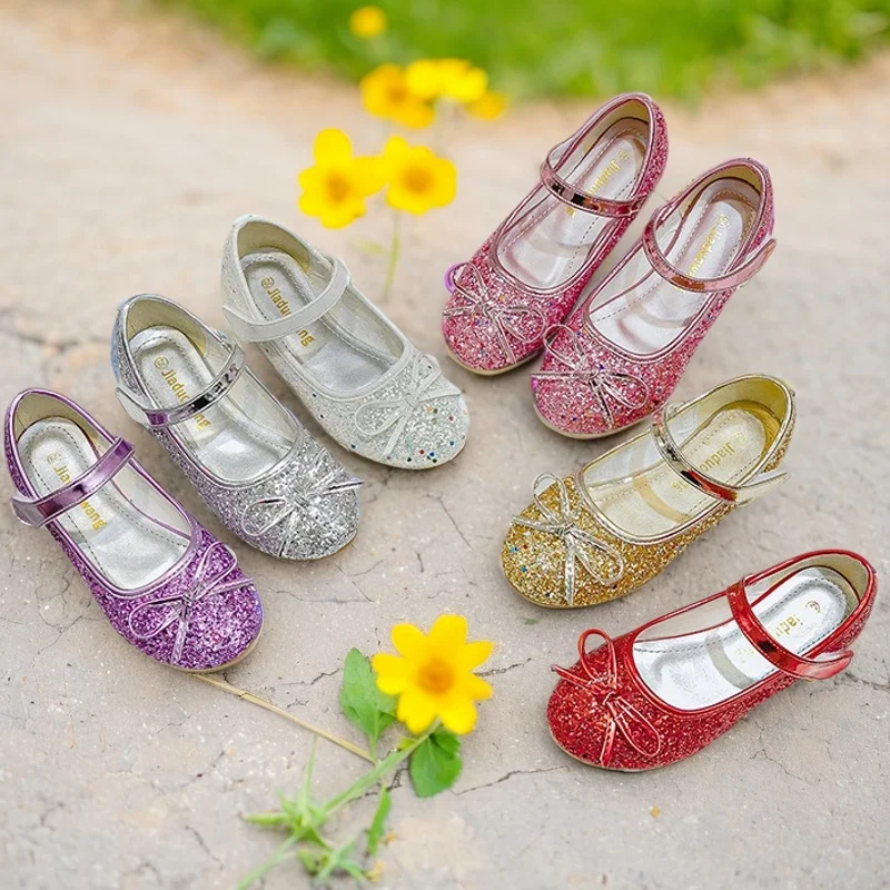 

New Girls Leather Shoes Kid's Pink Bowknot Flats Princess 'shoes Sequins Kid's Flats Cuhk Children's Dance Shoes Size 24-37