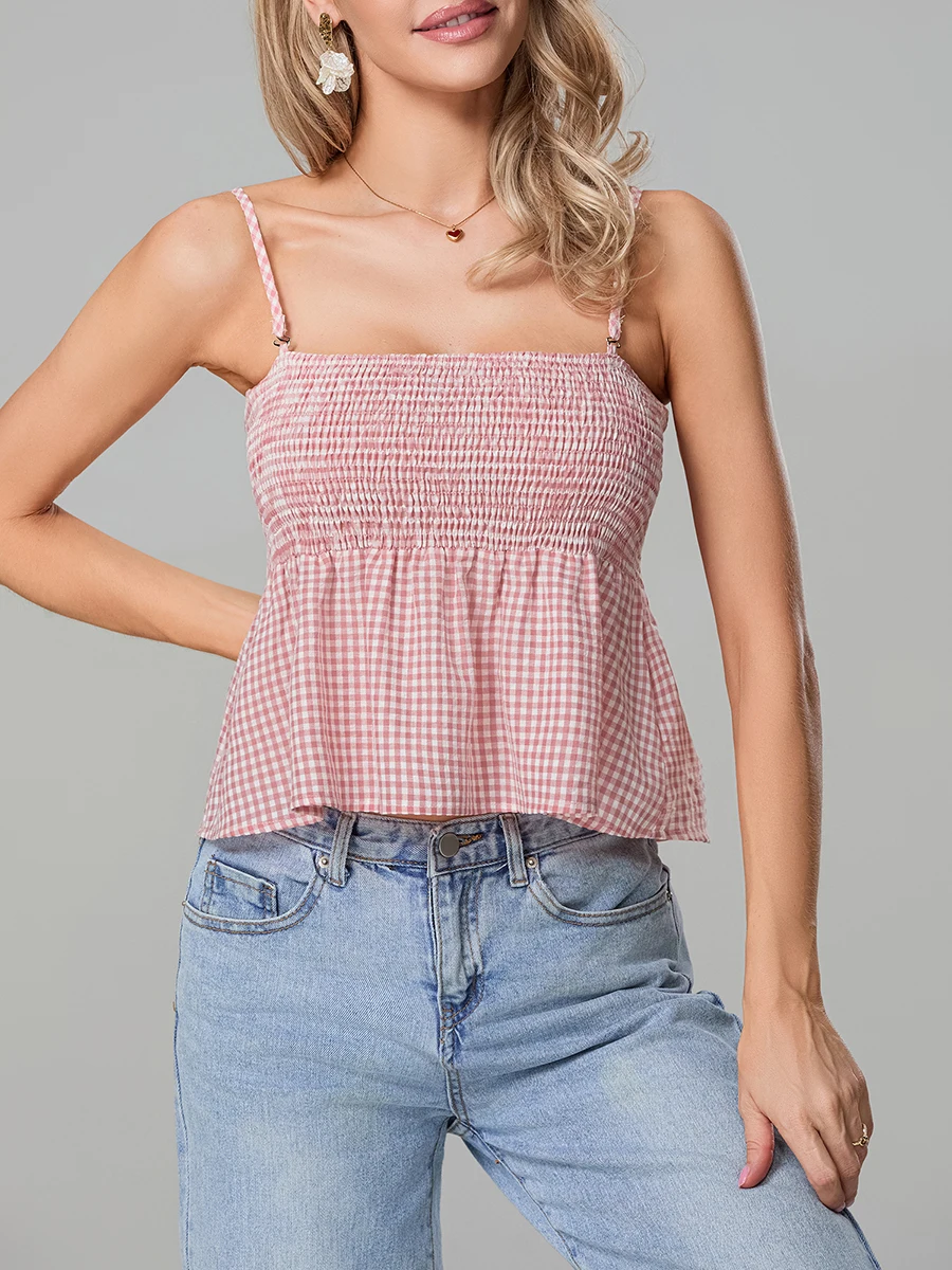 wsevypo Women's Plaids Bodydoll Vest Summer Hotsweet Backless Spaghetti Strap Smocked Frill Flowy Hem Cropped Camisole