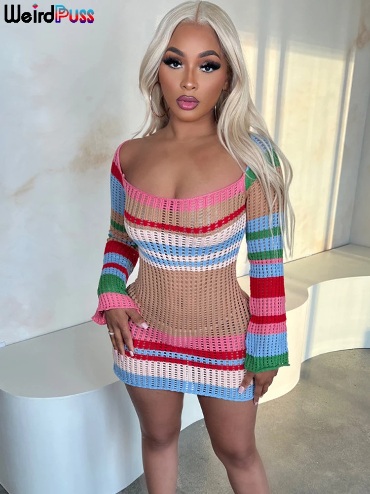 Weird Puss Coloful Knit Women Dress Contrast Color Striped Round Neck Long Sleeve Skinny Autumn Vacation Streetwear Y2K Bodycon