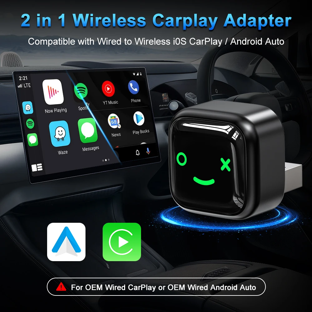 محول صغير لاسلكي لجهاز Apple CarPlay Android Auto 2in1 Dongle لـ OEM CarPlay سلكي إلى صندوق ذكي لاسلكي من المواد المقسى