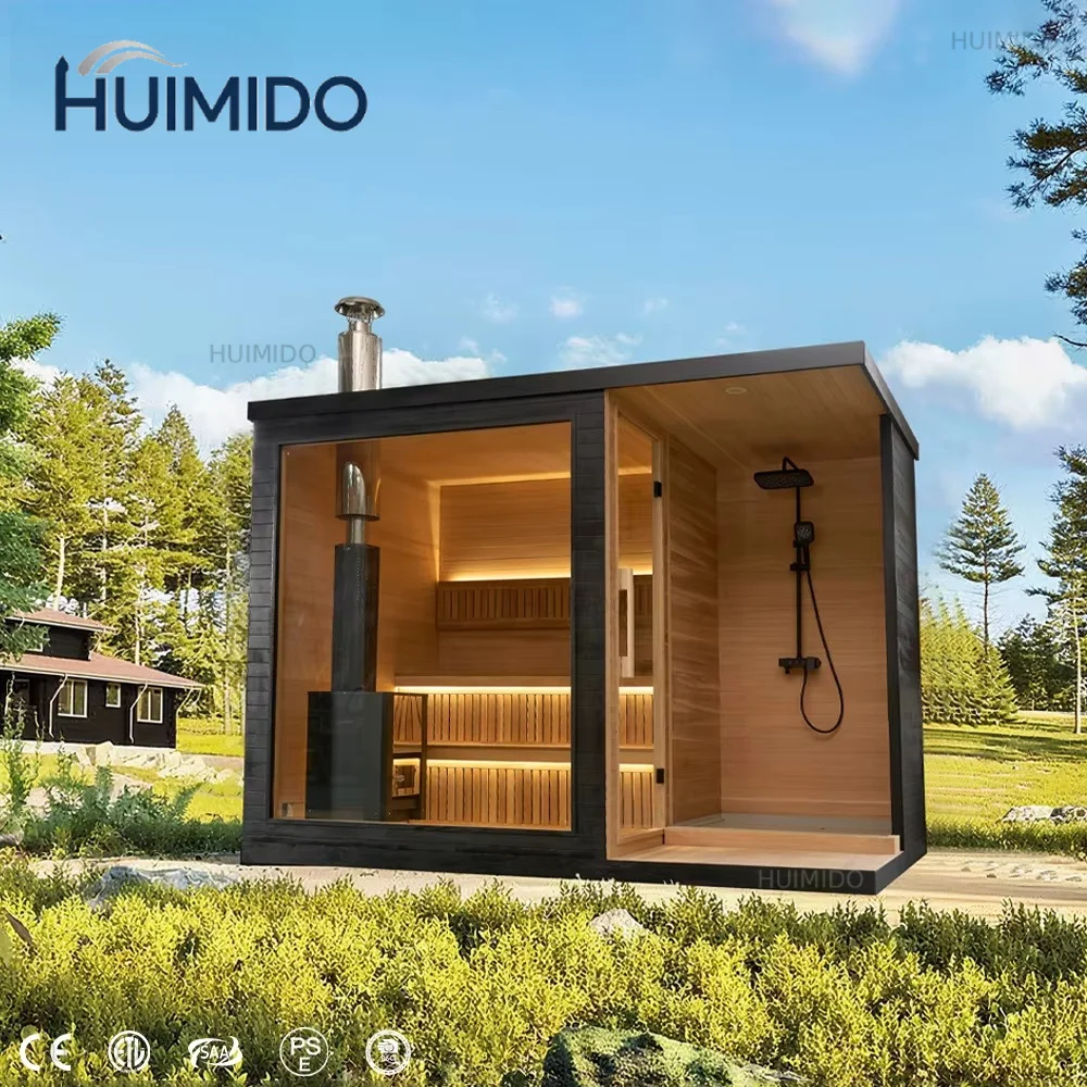 Large outdoor sauna with shower, wooden sauna stove, dry sauna cabin, perfect for a luxurious backyard