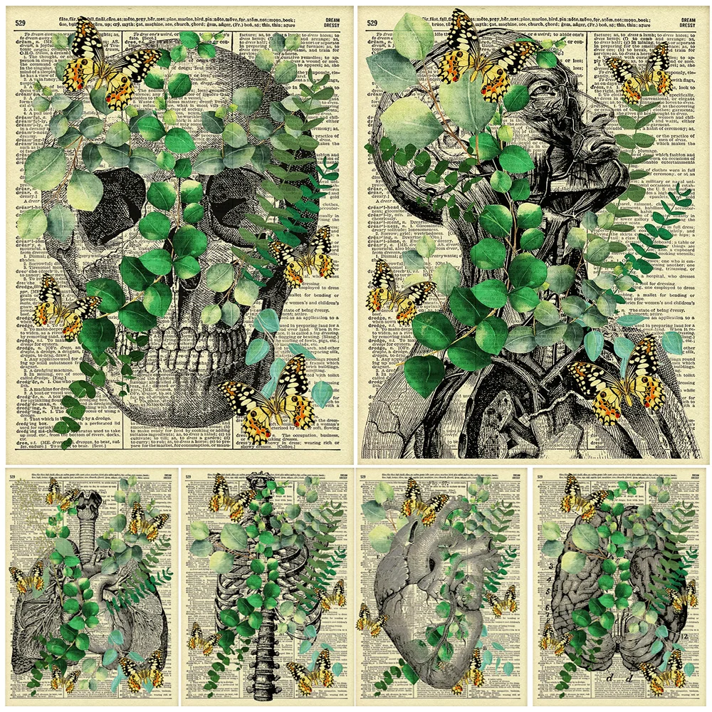 

Anatomy With Eucalyptus And Butterflies,Vintage Wall Art Canvas Painting Skeleton And Plants Gothic Art Poster Print Decoration