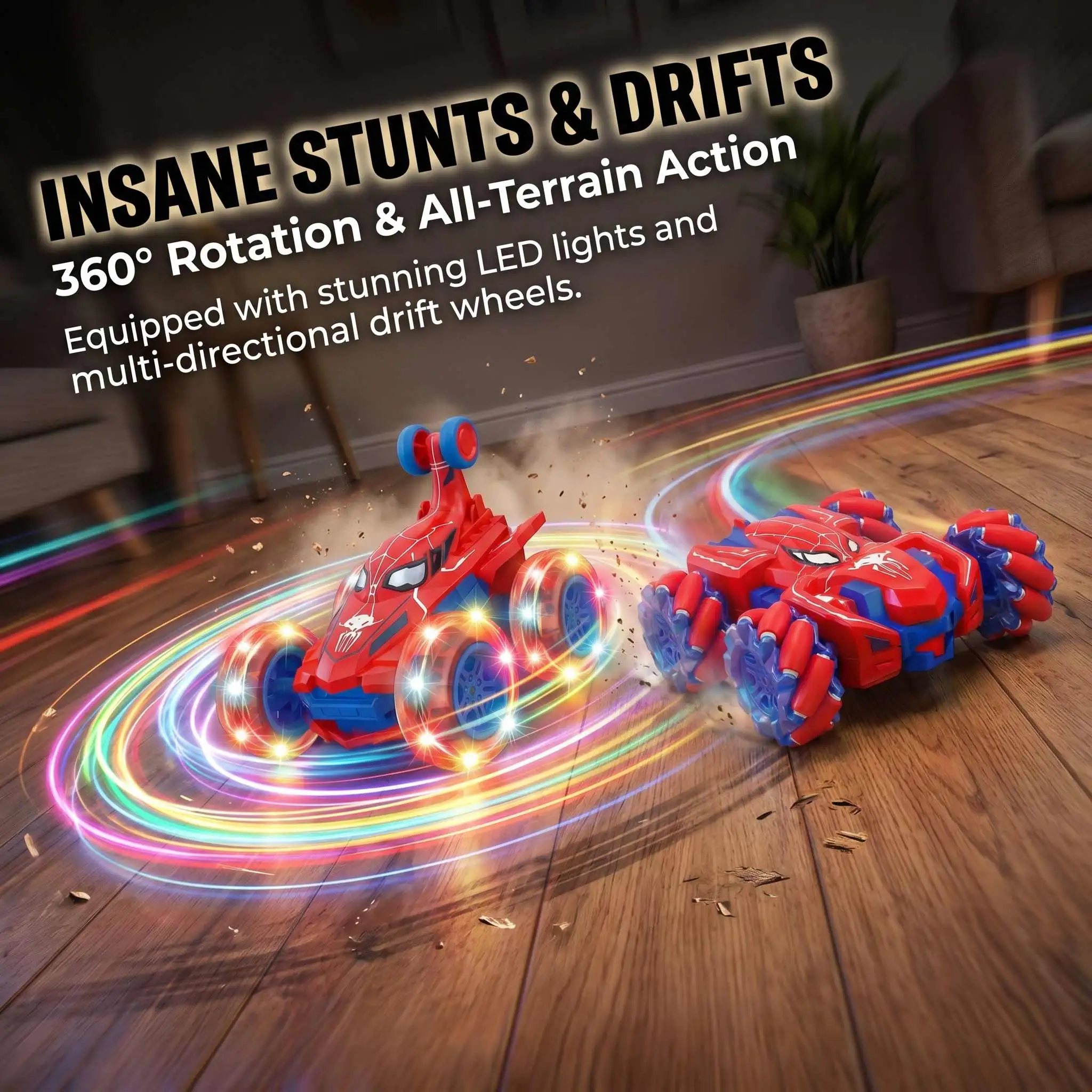 Dual 2Pcs Red Spider RC Stunt Car Bundle for Boys, Full Rotation Flip Light Up Stunt Car & Omni-Directional Drift Mecanum Wheel Remote Control Toy Cars, 2 Complete Sets With Controllers & USB Cables, Birthday Christmas Holiday Gift for Kids view 2