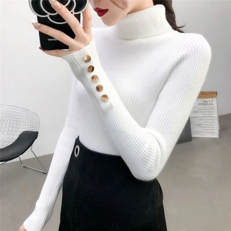 Knitted Turn-down Turtleneck Women Sweater Button Long Sleeve Pullovers Autumn Winter Basic Femme Sweaters Slim Solid Pull Tops