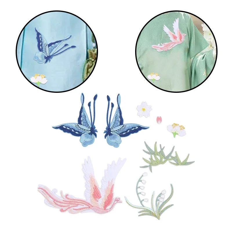 

1set Exquisite Elegant Chinese-Style Embroidery Fabric Patches Phoenix Lily of the Valley Butterfly Embroidered Applique Set