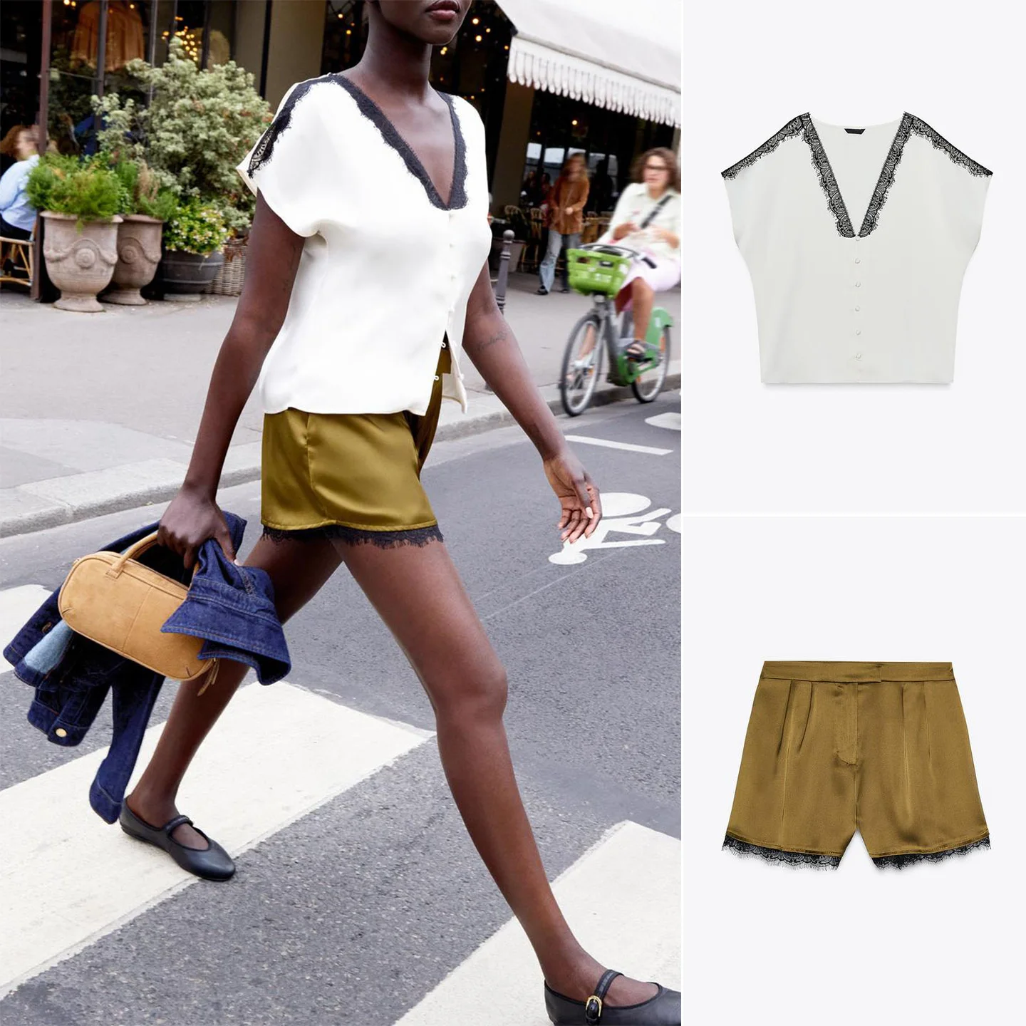 V-Ne cor blo renda guarnição cetim de seda sensação irt calças casuais conjunto feminino faion outono coleção neutra sle cintura média