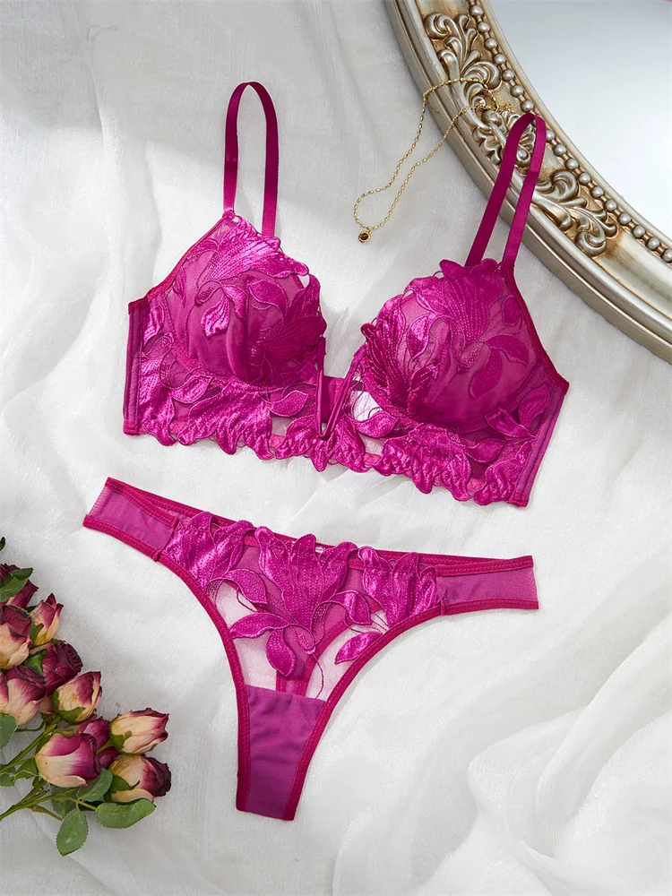 Lingerie sexy para mulheres conjunto de sutiã bordado delicado fada sem costura roupa interior romântico roxo conjunto exótico anel de aço sutiã breve conjunto