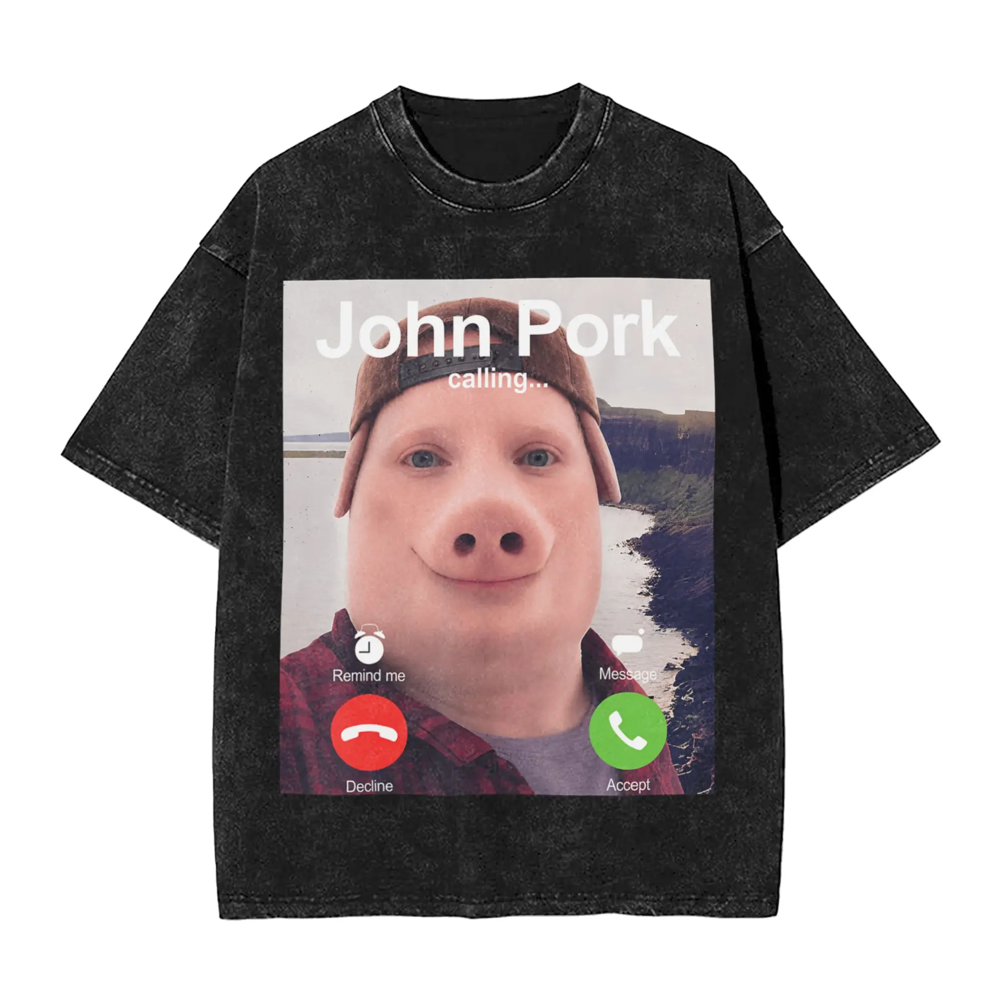 Streetwear Washed T-Shirt John Pork Calling Decline Accept Incoming Call Meme Cotton T-Shirts  Hipster Tshirt for Men