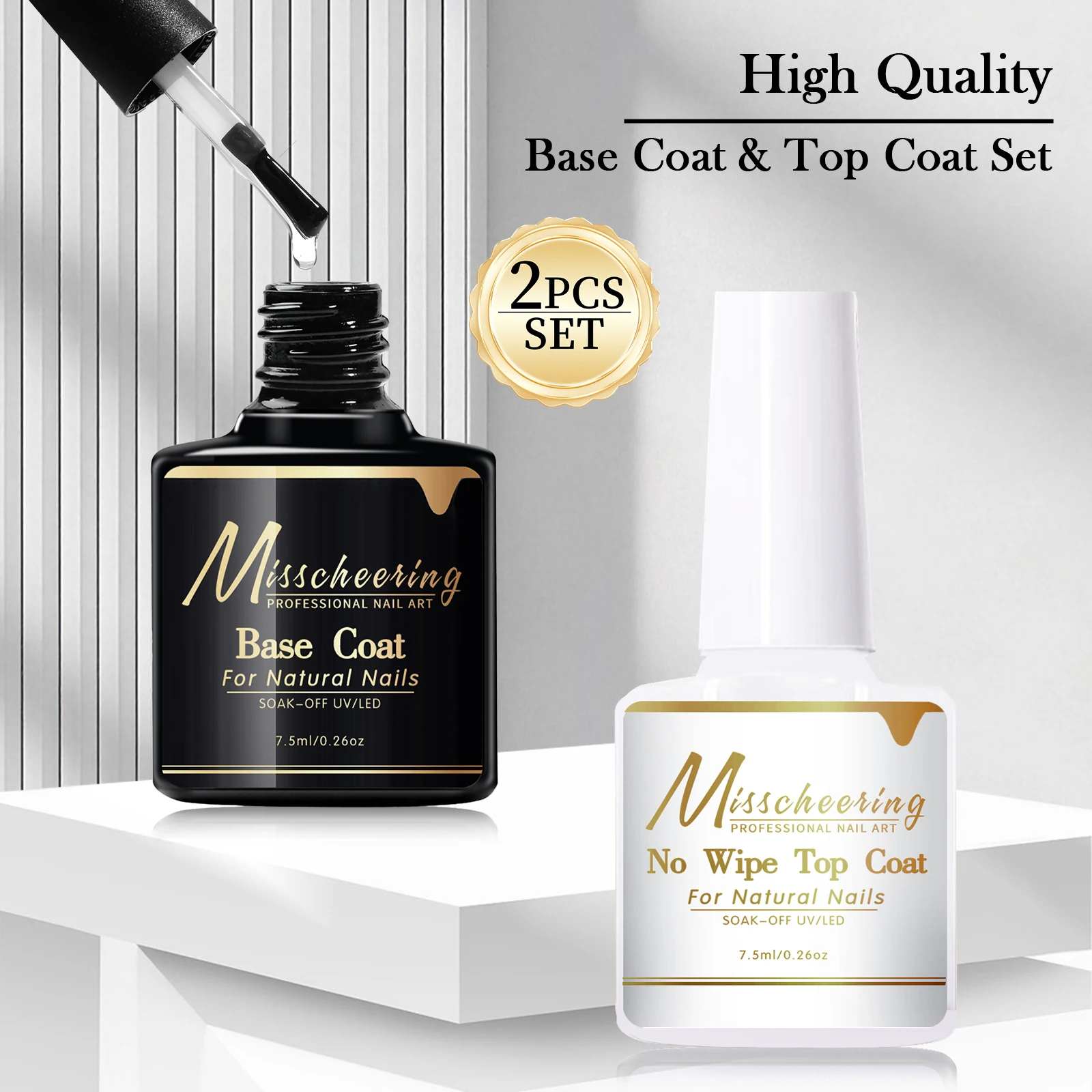 Image of Misscheering 2er-Set Base Coat und No-Wipe Top Coat 7,5ml Soak-Off UV LED Nagellack Langanhaltend Hochglänzend Maniküre-Zubehör