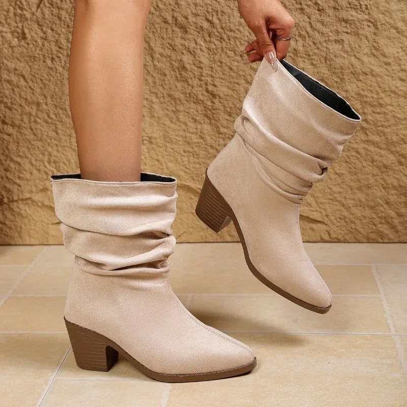 Retro Concise Style Round Toe Mid Heel Women's Mid Calf Boots 2026 Fashion Solid Color Pleated Chunky Heel Daily Women Boots