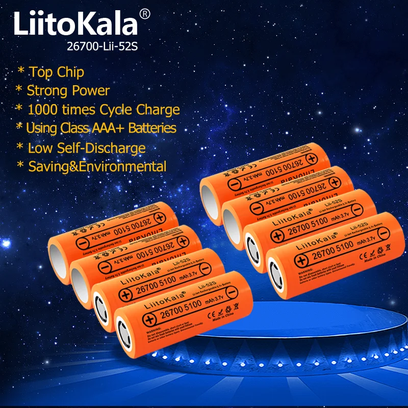 8PCS LiitoKala Lii-52S 3.7V 26700 5100mAh Li-ion Rechargeable Battery For LED Flashlight Torch Li-ion Battery pack