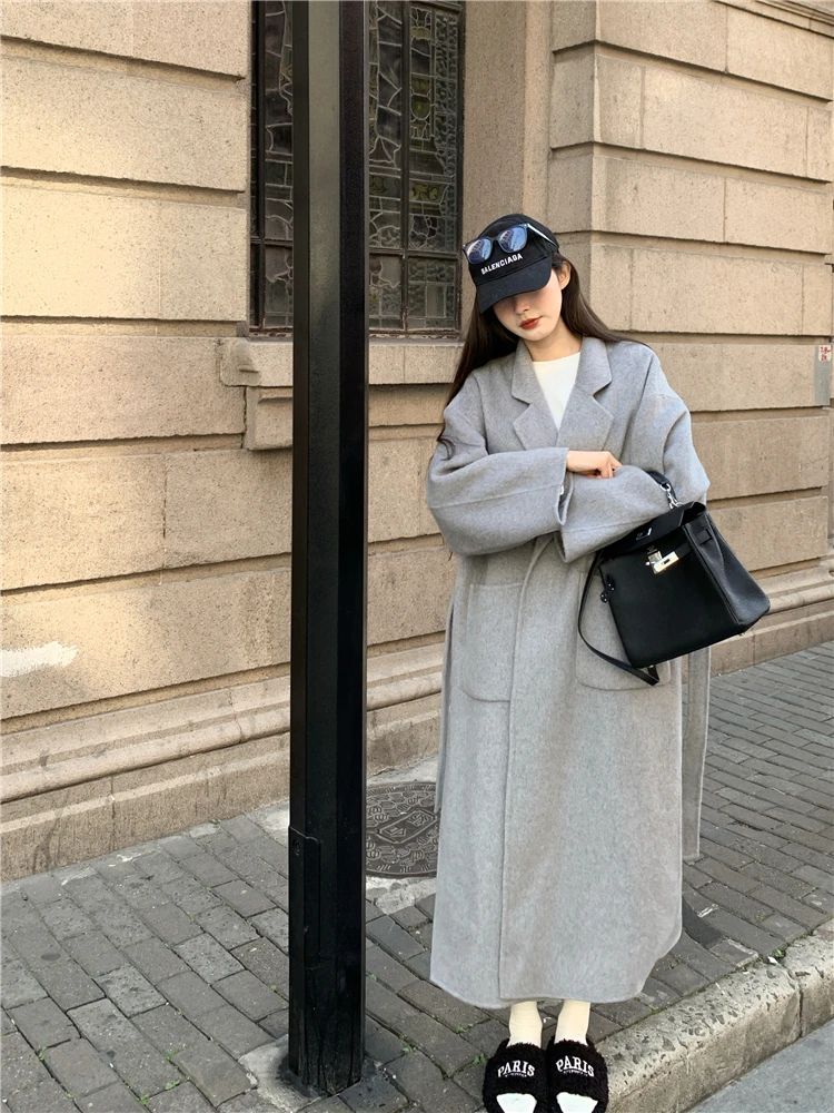 

Qian an an Grey Double-Sided Woolen Coat Loose Thick Warm Bathrobe Style Women's Outerwear Street Style Pure Color Long Sleeve