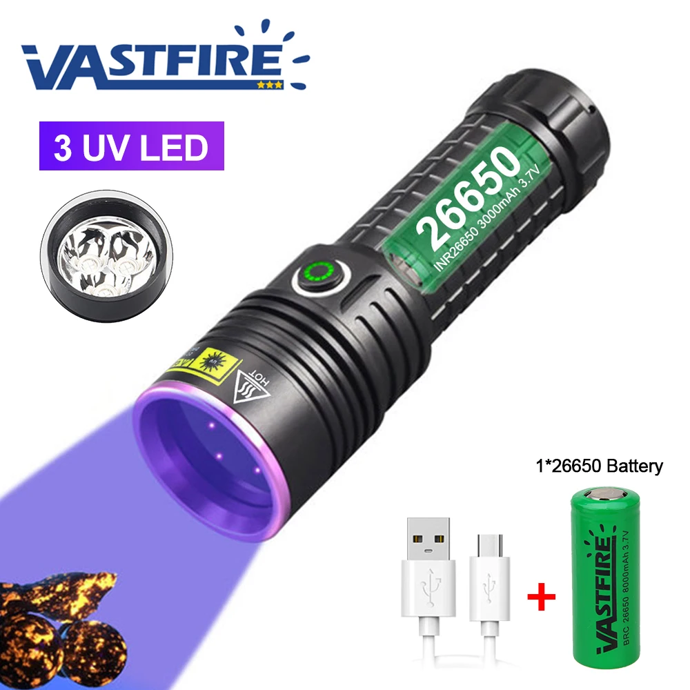 Powerful 365nm UV Flashlight 3 UV LEDs Black Light Black Mirror Purple Light Detection Torch USB C Rechargeable Ultraviolet 2665