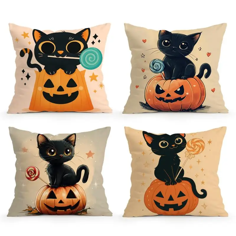 

Home Decor Cute Black Cats with Pumpkins and Lollipops Pattern Cushion Cover Suitable for Sofa Bedroom Car Pillow Cover