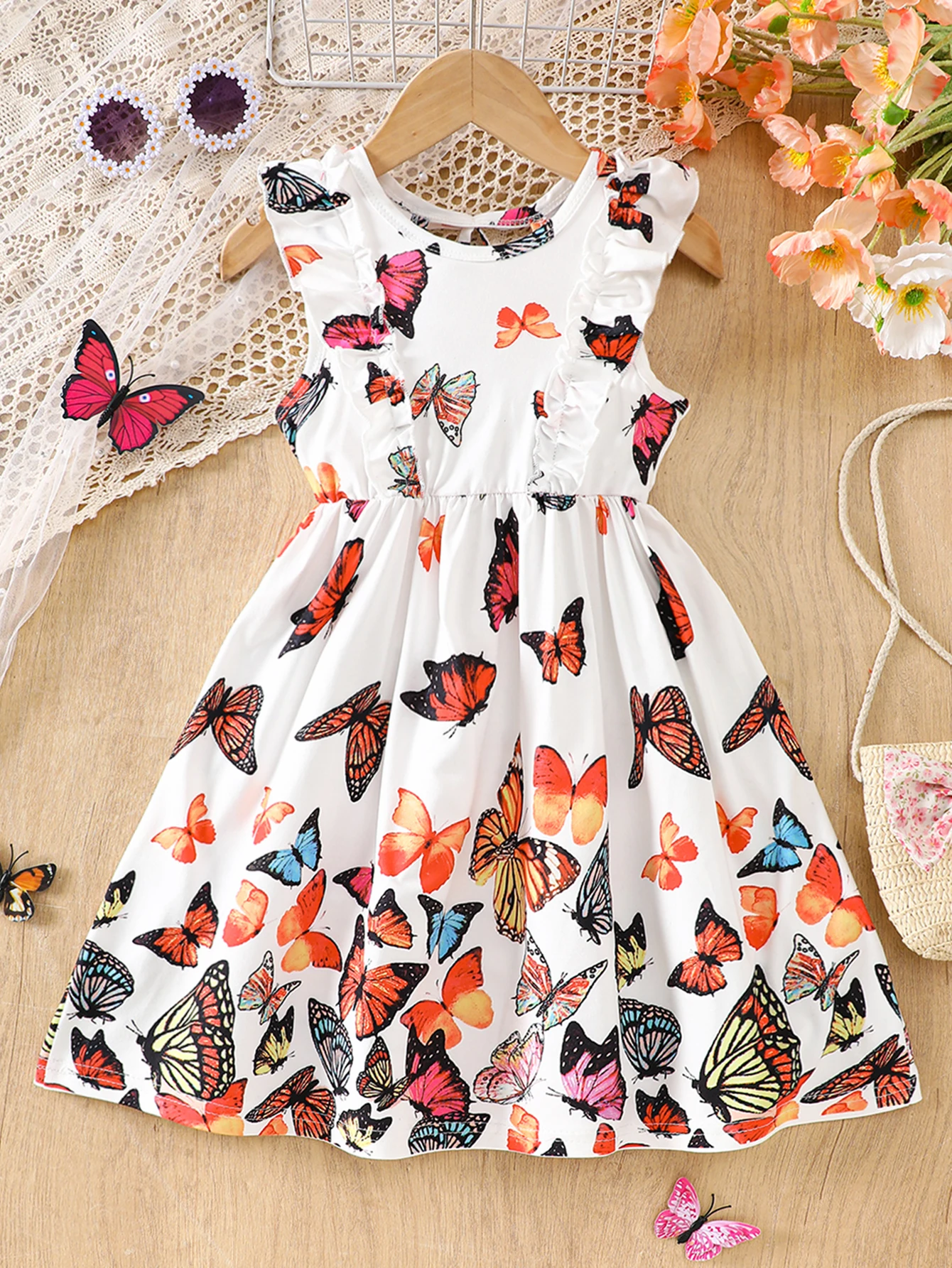 Girls' Spring and Summer Casual Fashion Knitted Round Neck Sleeveless Ruffle Butterfly Print Backless Dress Beach Vacation Party Gift