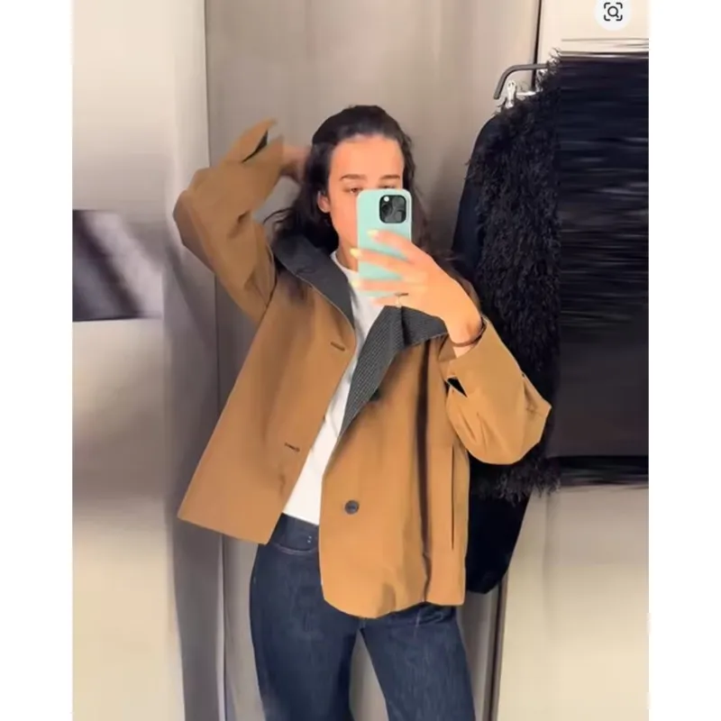 

Women's autumn mid length double-sided windbreaker autumn casual single breasted stand up collar long sleeved windbreaker