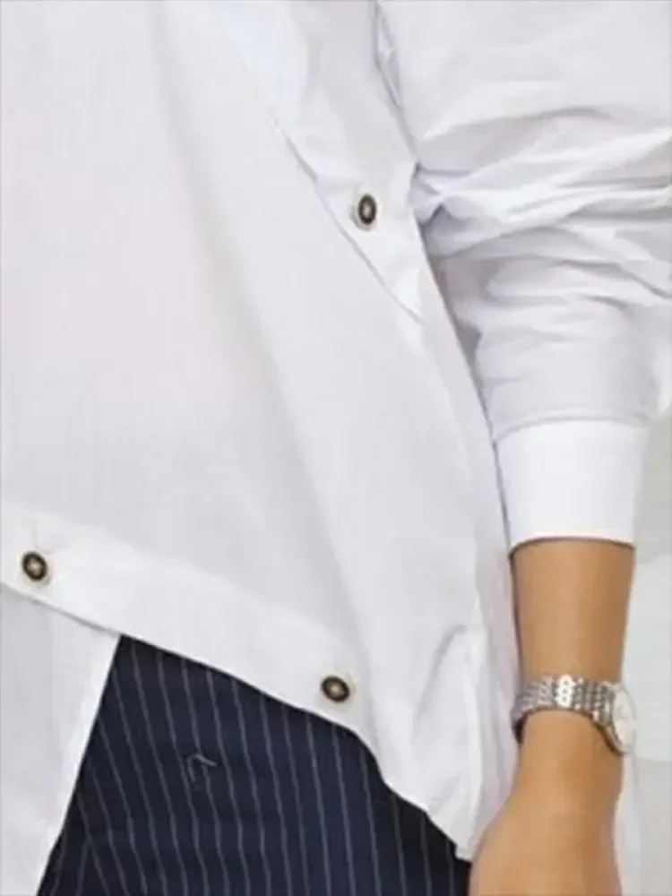 Modigirl 2025 새로운 화이트 여성 셔츠 블라우스 Buttoned 비대칭 스플릿 프론트 여름 긴 소매 캐주얼 셔츠 여성용 탑