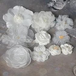 10PCS Off White Series Mix Styles Set Chiffon Fabric Flowers For Wedding Invitation Artificial Flowers For Dress Hat Decoration