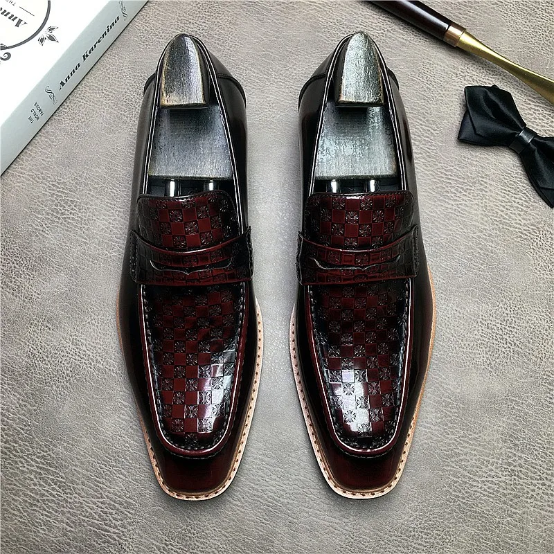 

Slip On Genuine Leather Loafers Shoes Men Wedding Italian Dress Shoes Man Square Head Formal Fashion Black Office Oxford Shoe