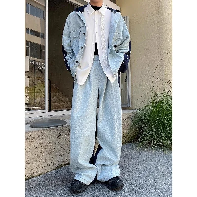 

American Cleanfit Denim Hooded Jaet And Wide Leg Pants Two Piece Set for Men Loose Fit Workwear Outfit Autumn Faion