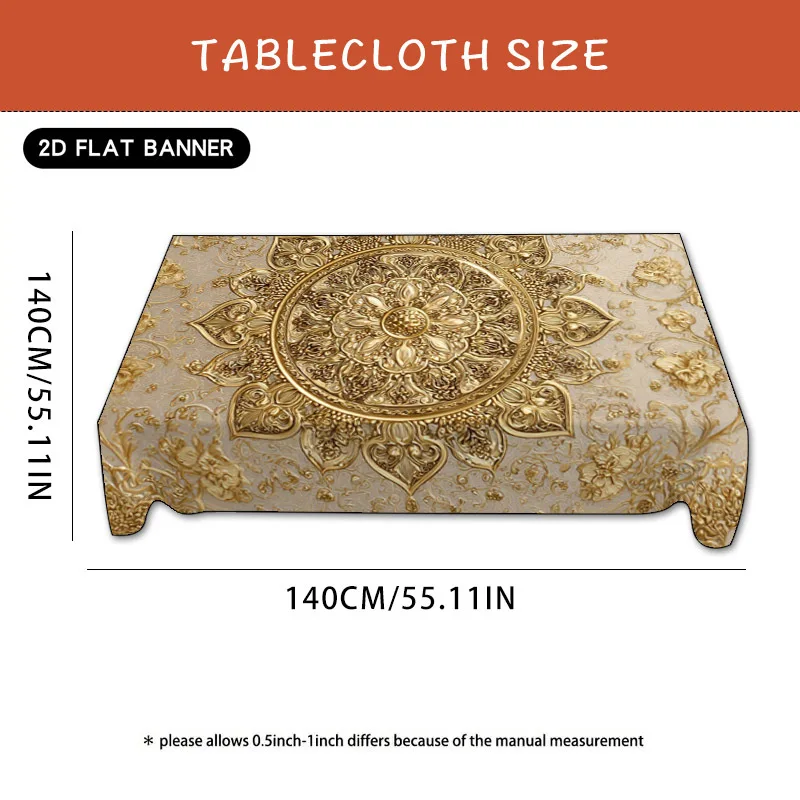 Halloween, Christmas, 1pc 2D Golden Floral Eid Tablecloth, Mubarak Banner Ramadan Decor Islamic Party Table Decoration, Arabic Table Centerpiece, Suitable for Kitchen Dining Room Living Room Bedroom Table Cover, Outdoor Celebrations, Washable