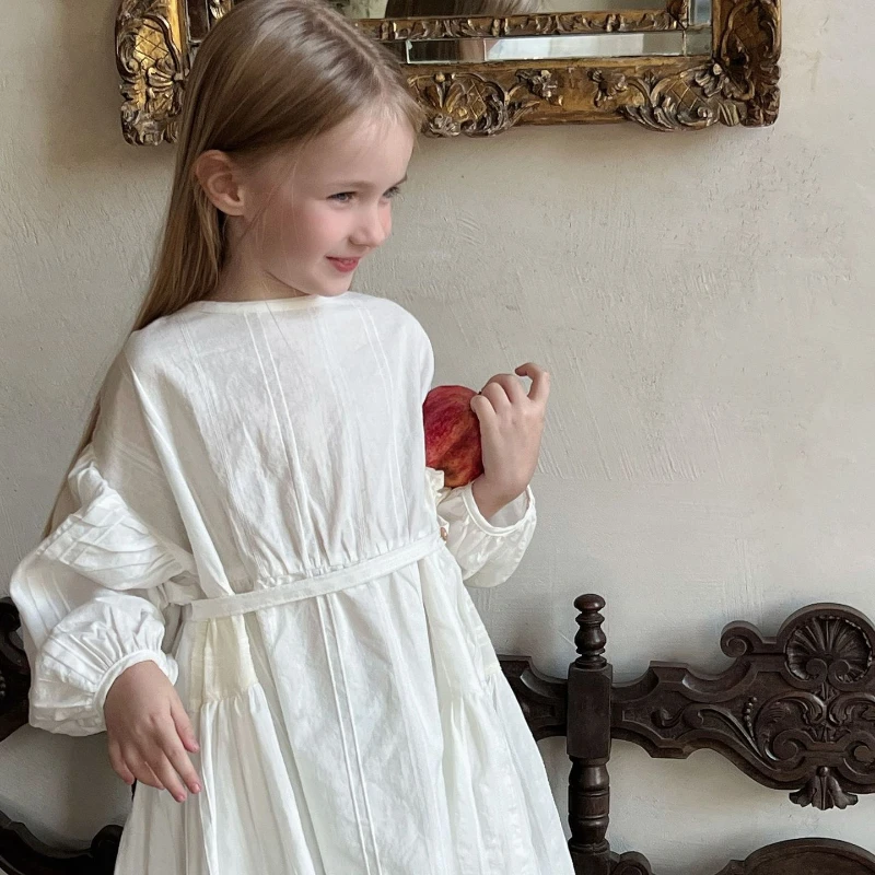 

Girls Casual Dresses Spring New Girls Loose Children Clothing Causal Long White Match Round Collar 2024 Soild Puff Sleeve