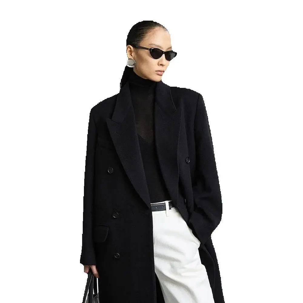 Black double-sided cashmere coat for women in winter, Peruvian INCA thickened and high-end off-the-shoulder long woolen suit coa