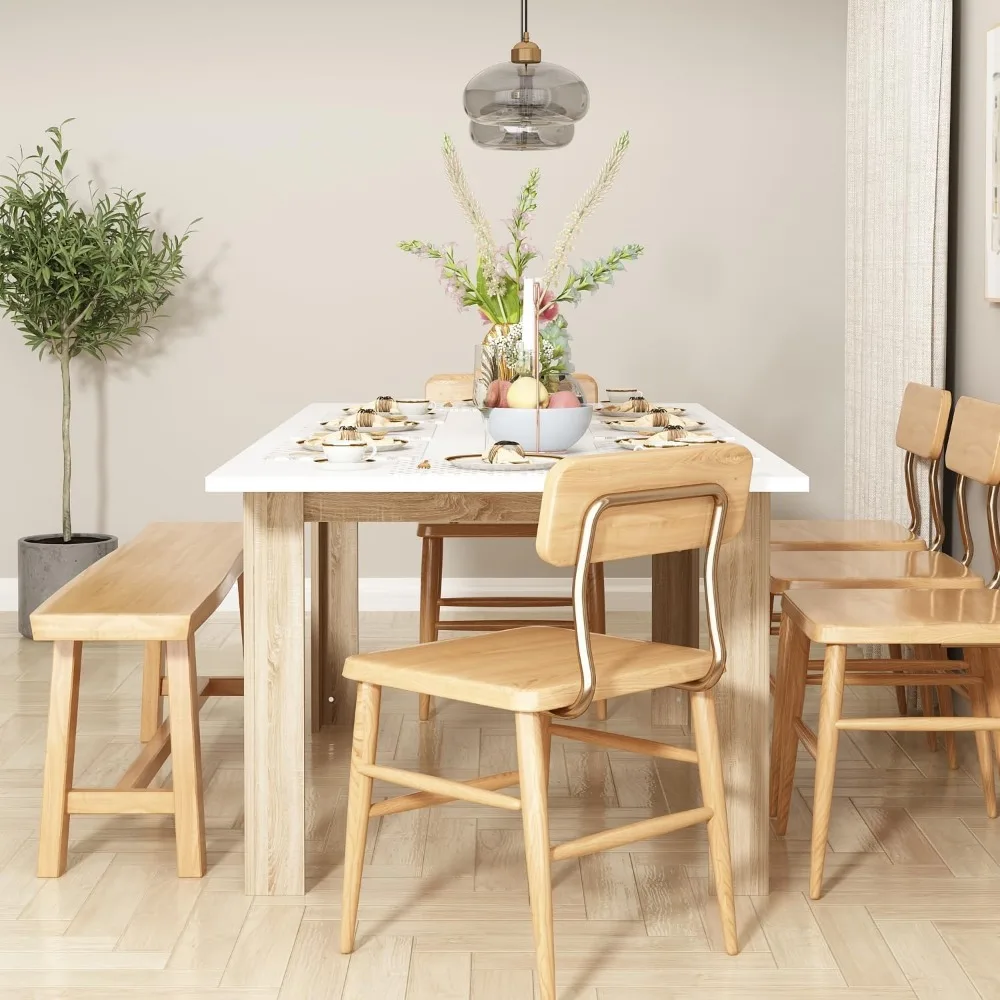 Extendable Dining Table for 6-10 People, Modern Wood Rectangular Expandable Kitchen Dinner Table for Dining Room, White and Wal